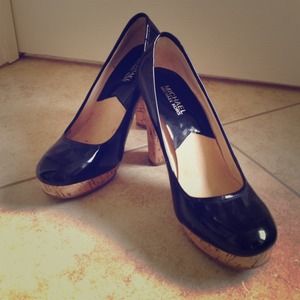 Black patent leather pumps, cork heel. Worn 1-2x!
