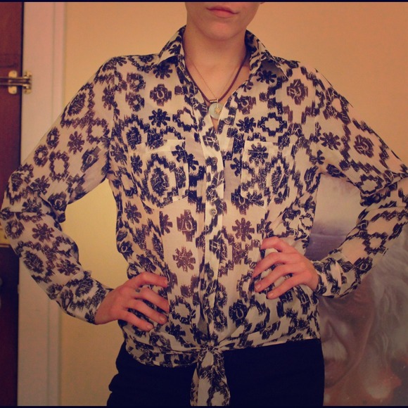 Black and white patterned sheer button up