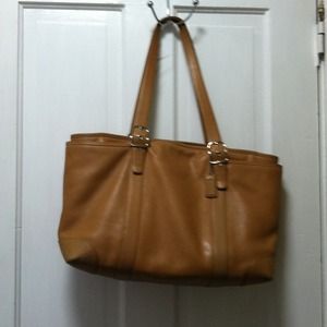 Large tan leather coach tote