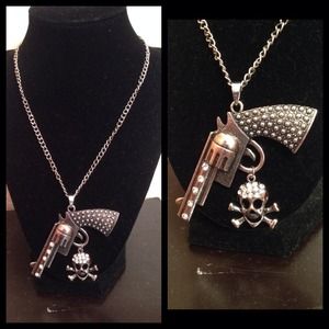 Gun and Skeleton Skull Silver Necklace