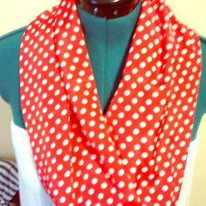 Silky red infinity scarf with white polka dots