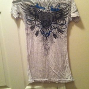 Blue and white burnt out Sinful white tee shirt