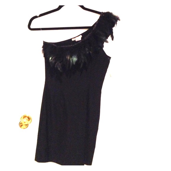 Black one shoulder feather dress.