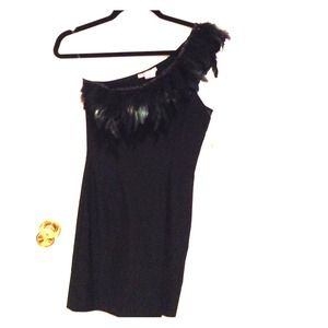 Black one shoulder feather dress.