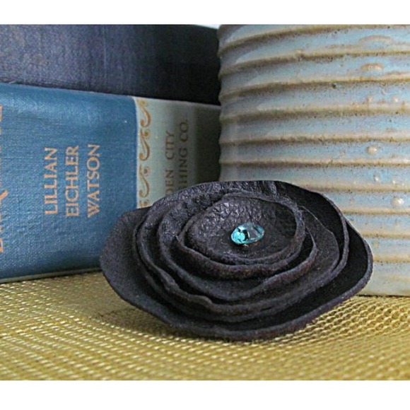 Black Leather gothic mourning brooch