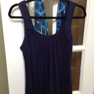 Navy top with waist or neck scarf