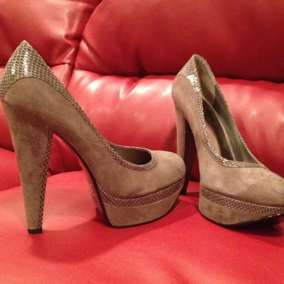 bakers Shoes - Grey, suede platform heels with snakeskin detail