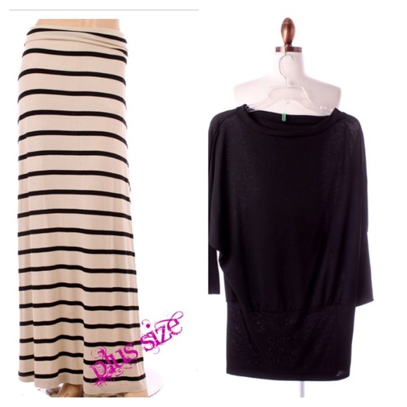 Outfit Alert!  Black Tunic Top, Stripe Maxi Skirt