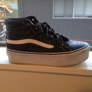 Black leather platform Vans shoes