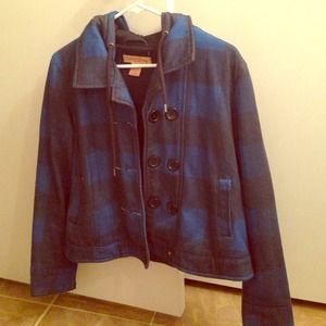 Black and blue plaided pea coat