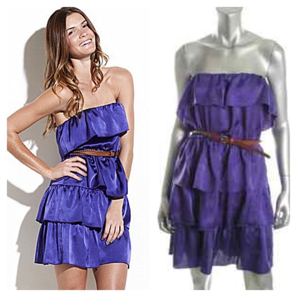 Laundry Purple Tiered Ruffle Strapless Satin Dress