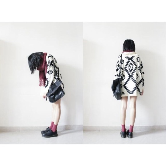Outerwear - Cream Oversized Tribal Print Knit Cardigan