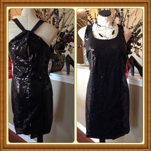 Black Sequin dress; peek a boo back; cutout dress