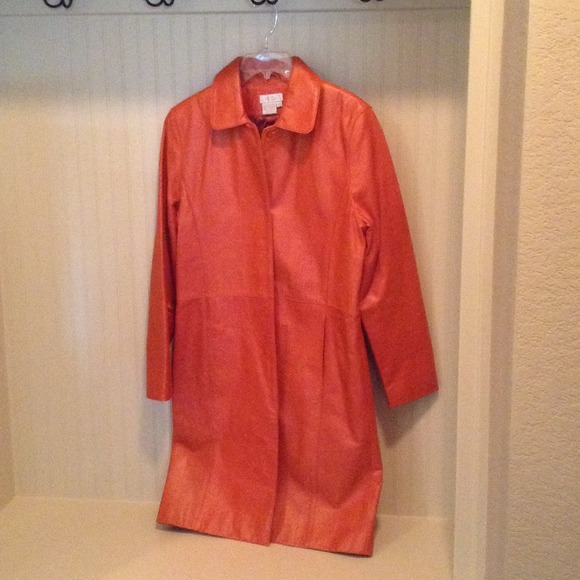 Orange leather knee-length coat