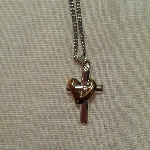 Two toned SS .925 cross and heart pendant! W/ gem - Picture 2 of 3