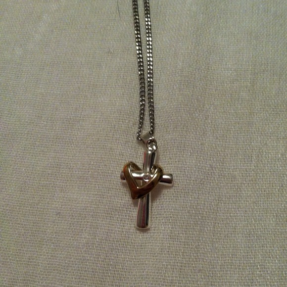 Two toned SS .925 cross and heart pendant! W/ gem - Picture 3 of 3