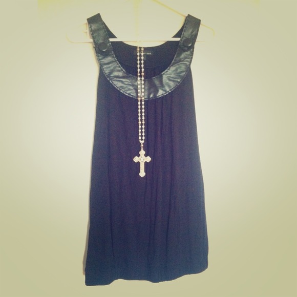 Black Party Dress--Leather Trim Top - Picture 1 of 2