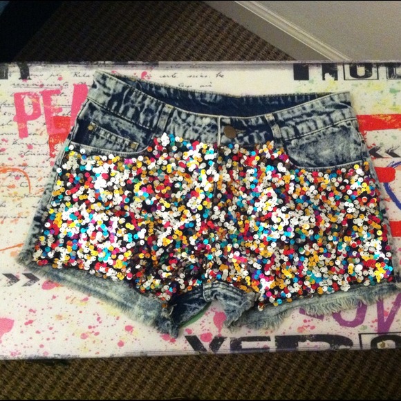 Sequined Acid-Washed Denim Shorts WORN ONCE