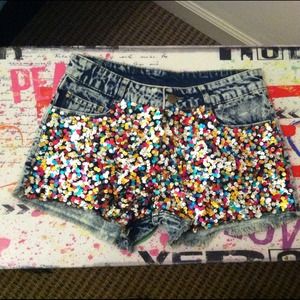 Sequined Acid-Washed Denim Shorts WORN ONCE