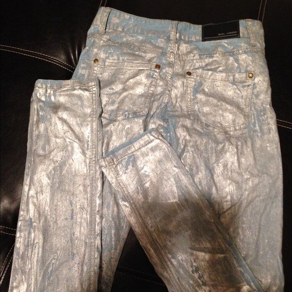 Metallic silver and powder blue skinny jeans
