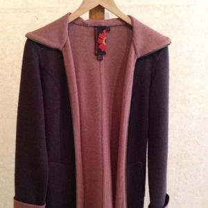 Two-tone wool car coat in Burgundy Brown & Peach