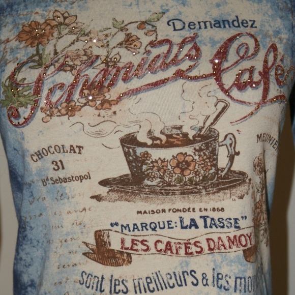 French Cafe Graphic Print T-Shirt with Rhinestones - Picture 3 of 4