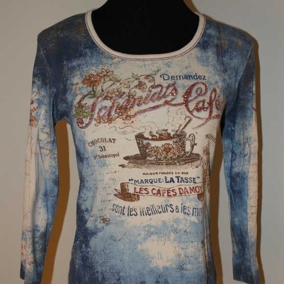 French Cafe Graphic Print T-Shirt with Rhinestones - Picture 4 of 4