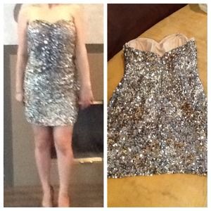 Scala gold/silver sequin strapless cocktail dress.