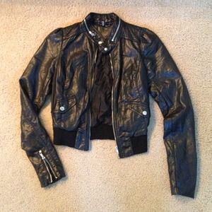 Black faux leather bomber jacket