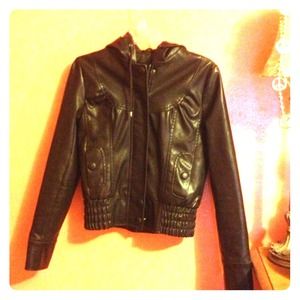Deep brown, hooded, faux leather jacket.