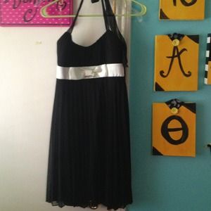Black halter dress with off white ribboned bow
