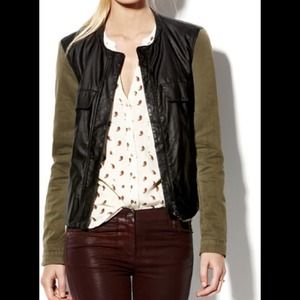 Black Faux Leather Jacket with Army Green Sleeves