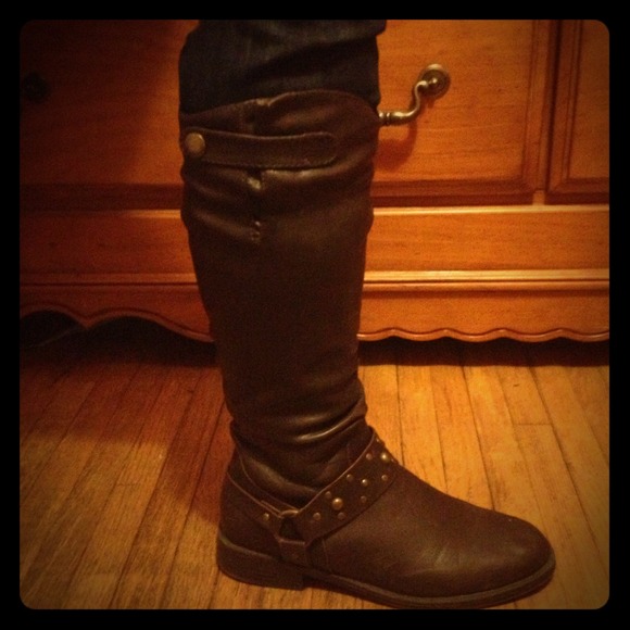 Deep brown, faux leather, studded, riding boots.