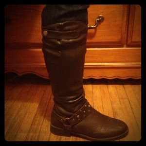 Deep brown, faux leather, studded, riding boots.