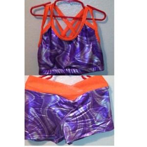 Purple and orange swirl sports bra and spandex set