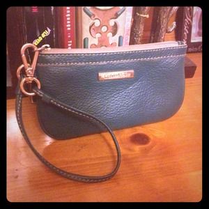 Teal, leather, wristlet.
