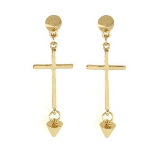 Gold Spike Cross Earrings
