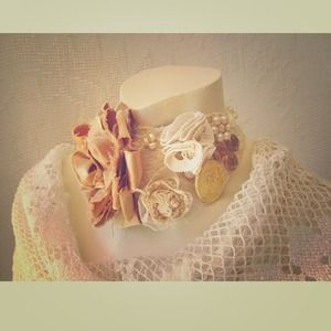 Antique White floral fabric bib necklace