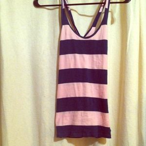 Pink & dark blue striped crossed back tank top.