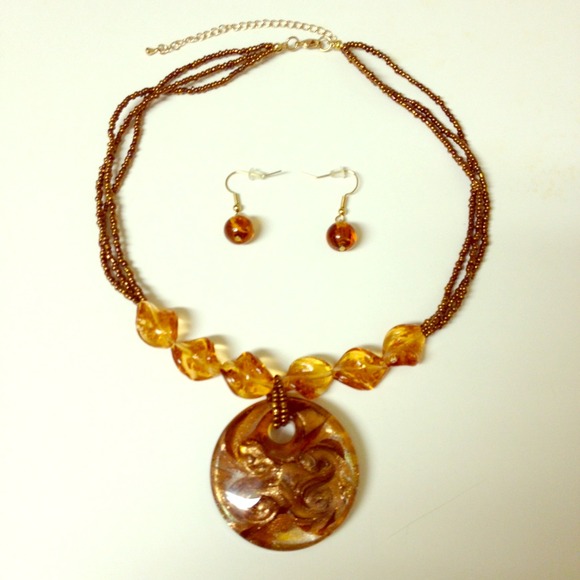Copper/Brown Glass & Bead Pendant Necklace Set