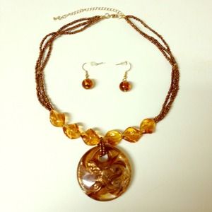 Copper/Brown Glass & Bead Pendant Necklace Set