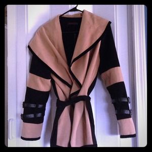 Tan and Black wool jacket with tie waist