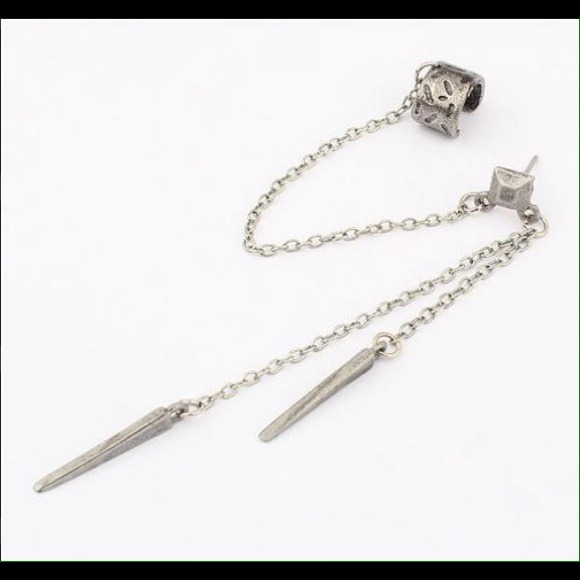 Silver Spike Rivet Tassel Cuff Earrings