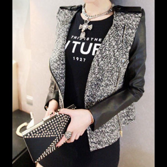 Knit mix leather fall jacket