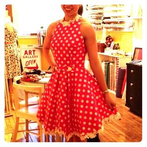 Pink poka-dot dress halter dress custom made sz 2