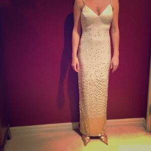 White & Gold Sequined Full Length Evening Gown