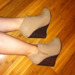 Brown and tan wedge booties