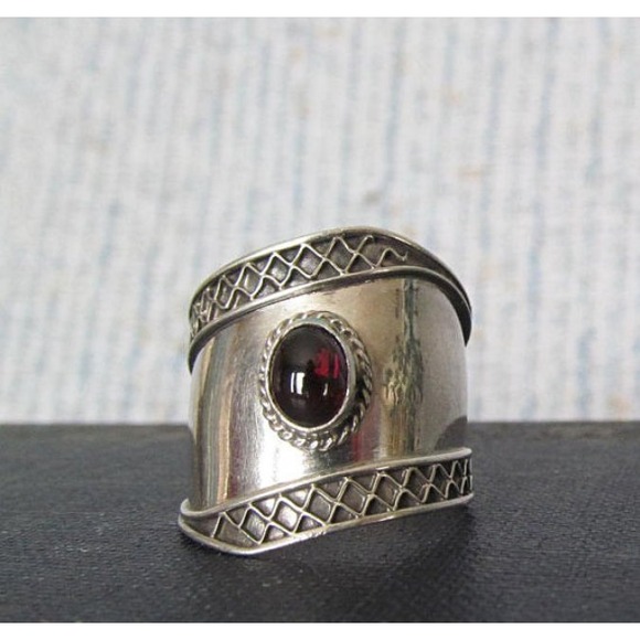 Sterling Silver Ring Wide Band Red Stone