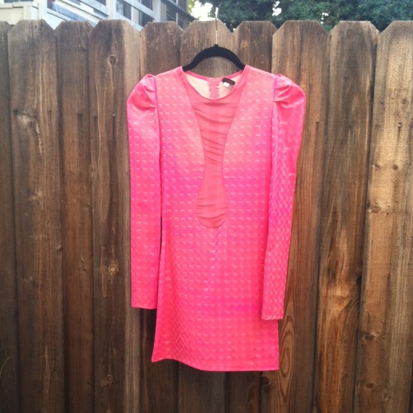 One of a kind pink plastic dress with deep v cut