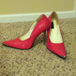price slashed-Hot pink patent and chrome stilettos